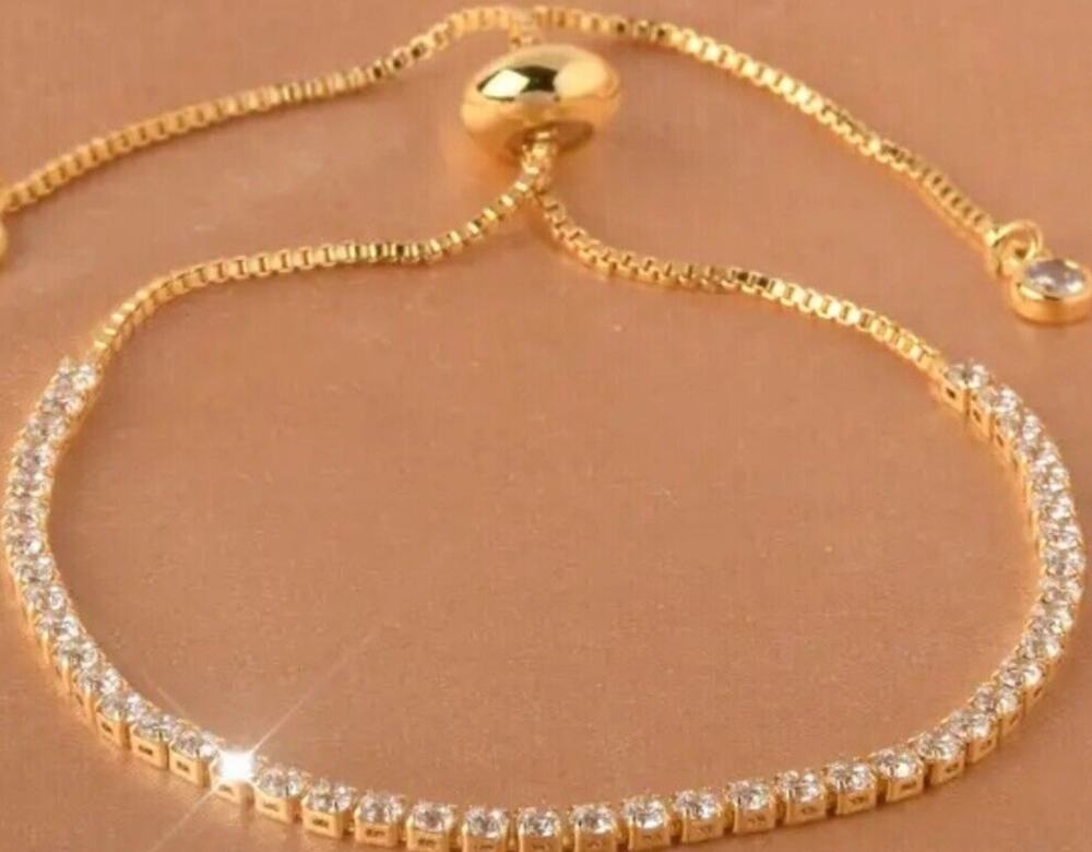 Gold Tone Crystal Tennis Bracelet Bolo Fashion Stylish Shiny Chic Trendy NEW